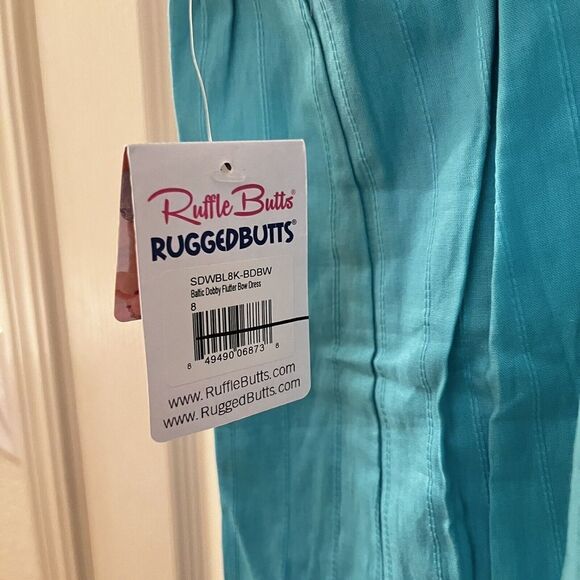 RuffleButts Baltic Dobby Flutter Bow Dress Teal Girls Size 8 NWT - Picture 8 of 11